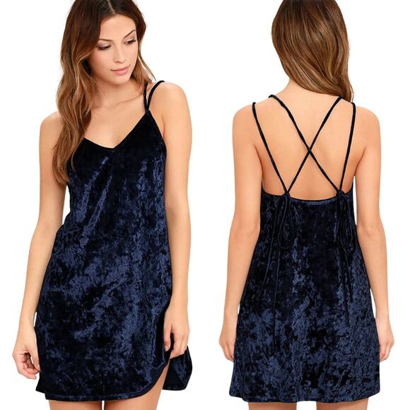 Lulus Greatest Love of All Navy Crushed Velvet Dress Womens Sz L Slip Dress NWT - Picture 1 of 16